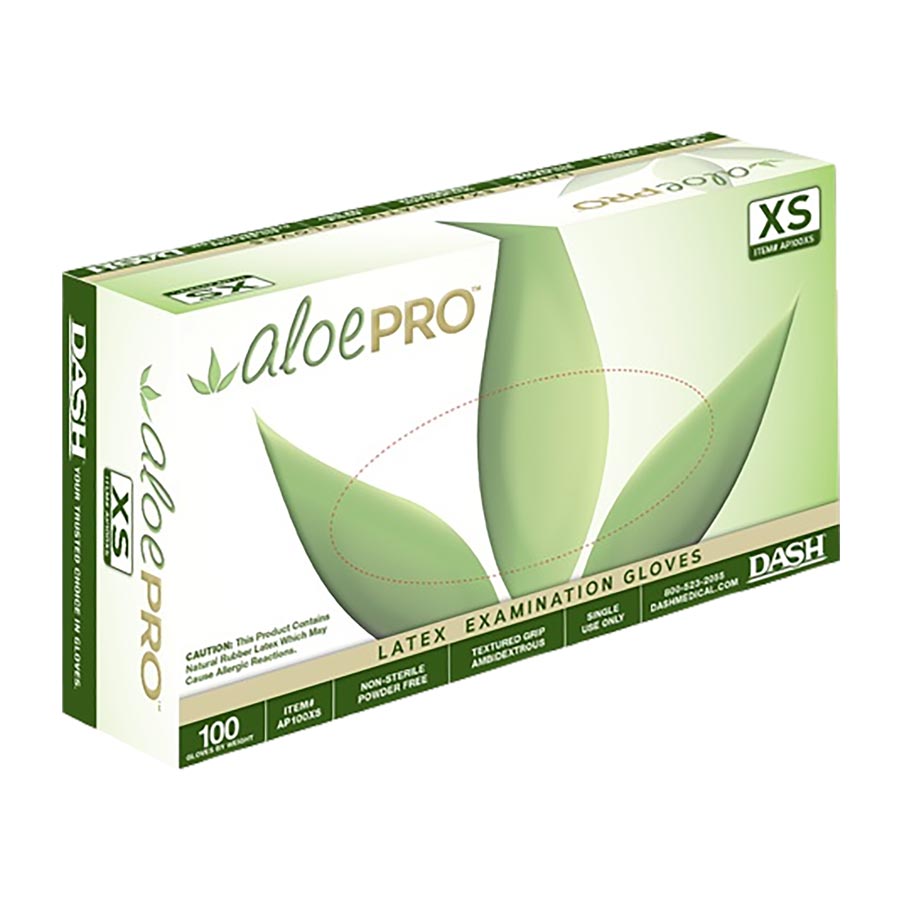 Dash Aloe Pro PF Latex Gloves X-Small 100/Box Ap100Xs