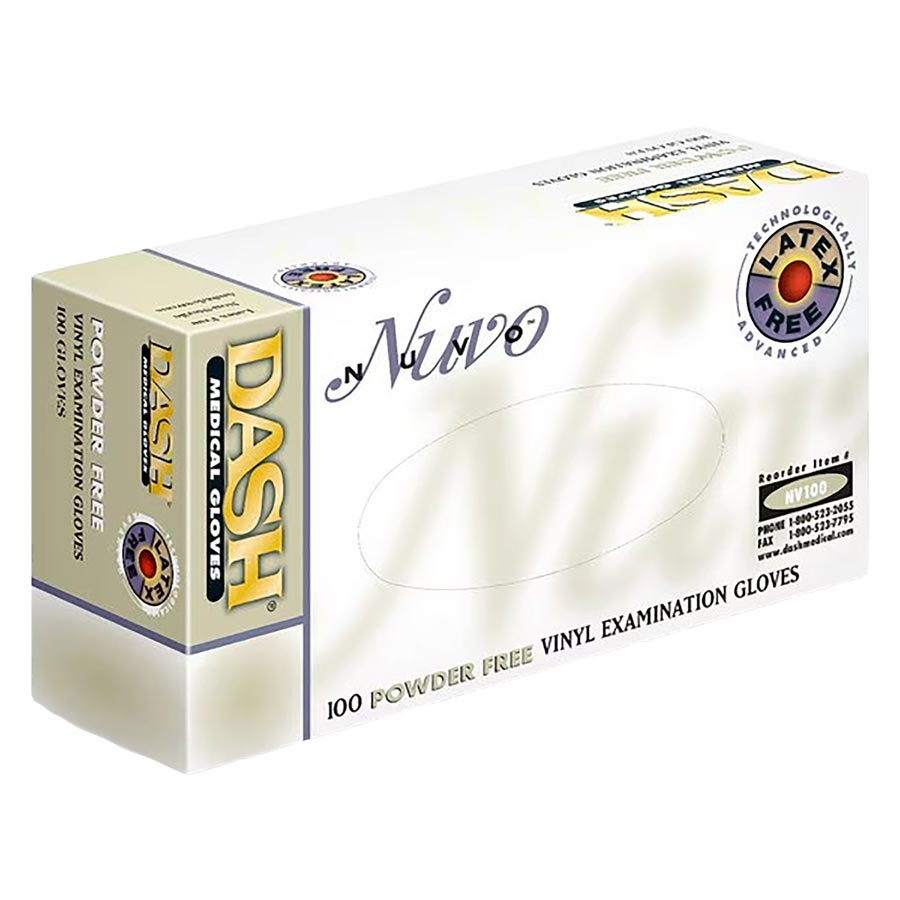 Dash Nuvo White PF Vinyl Gloves Small 100/Box NV100S