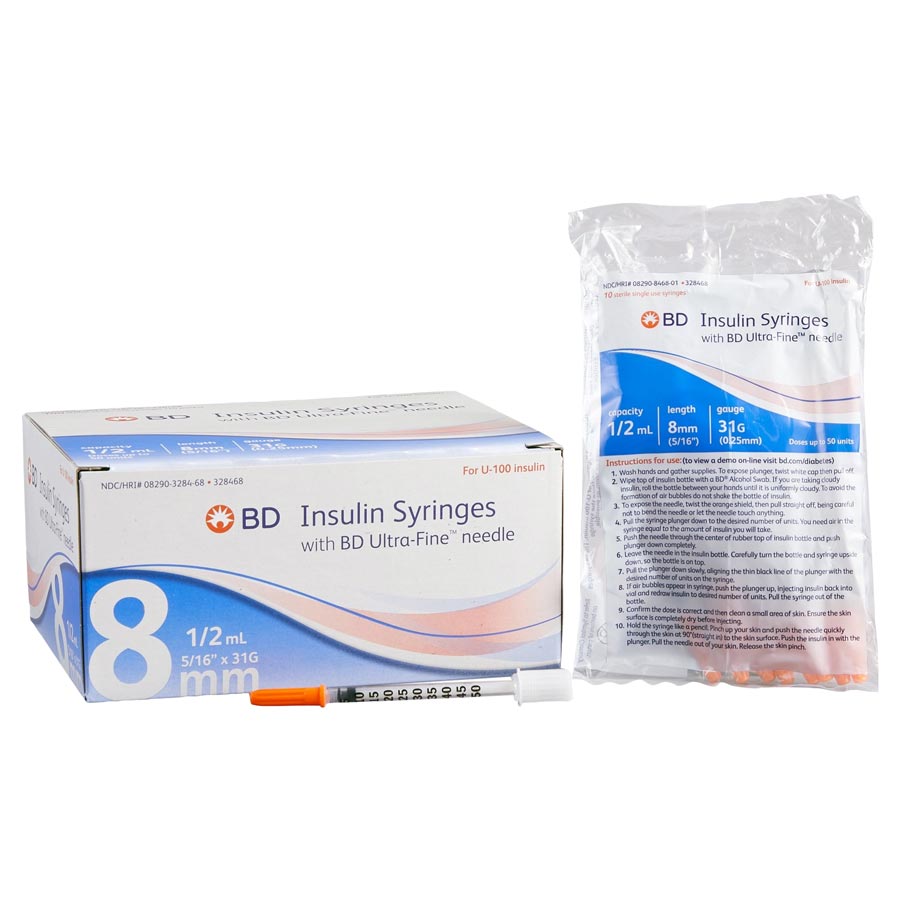BD Lo-Dose Insulin Syringe W/ Needle Ultra Fine Short .5ml 31ga 5/16" 100/Box 328468