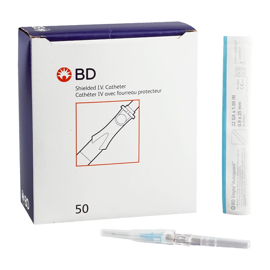 BD Insyte Autoguard 22ga x 1" Blue Shielded IV Catheter 50/Box 381423