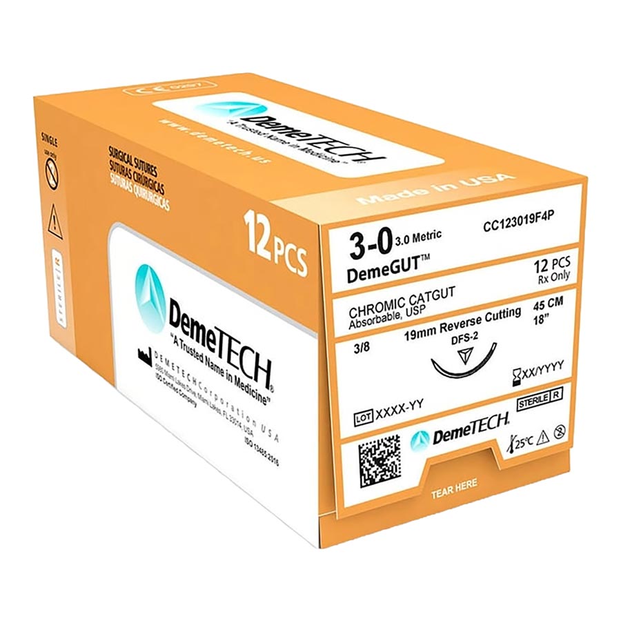 Demetech Sutures 3-0 Chromic Gut DFS-2/19mm 18"/45cm 12/Box DT-525-1
