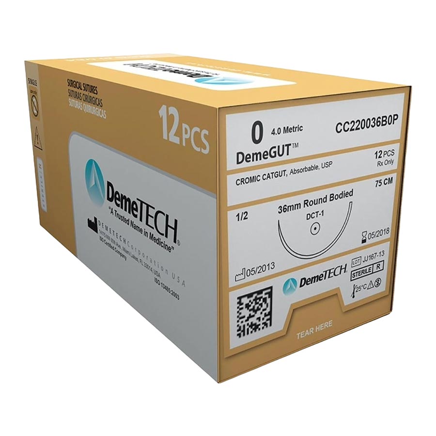 Demetech Sutures Chromic Catgut 0 1/2 Circle 30" 36mm Round Bodied 12/Box CC2200